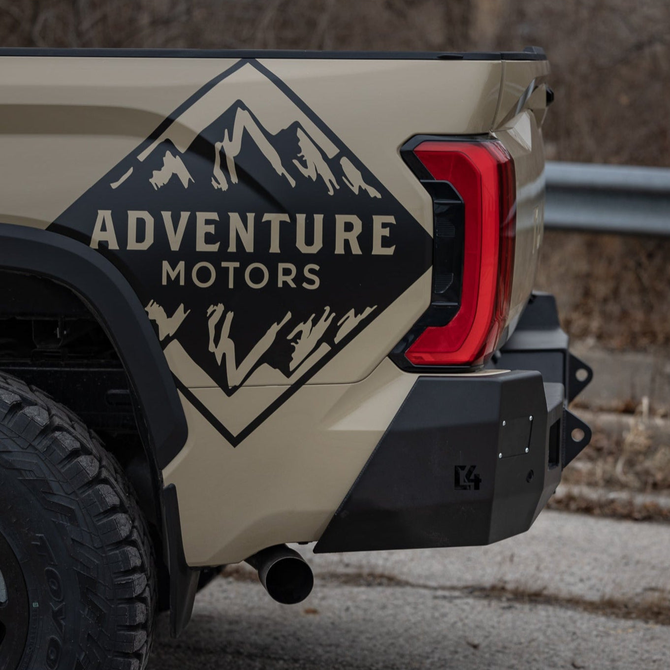 Side view of a Toyota tundra rear bumper installed.