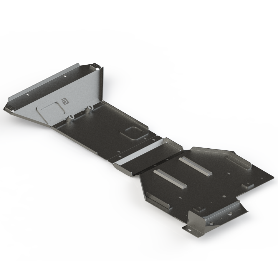 Digital rendering of the full skid plate kit for the Land Cruiser LC250 from C4 Fabrication, showing the inside structure of the skids. 