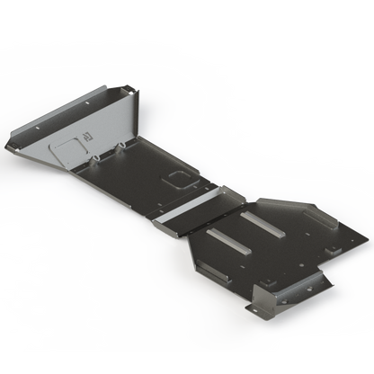 Digital rendering of the full skid plate kit for the Land Cruiser LC250 from C4 Fabrication, showing the inside structure of the skids. 