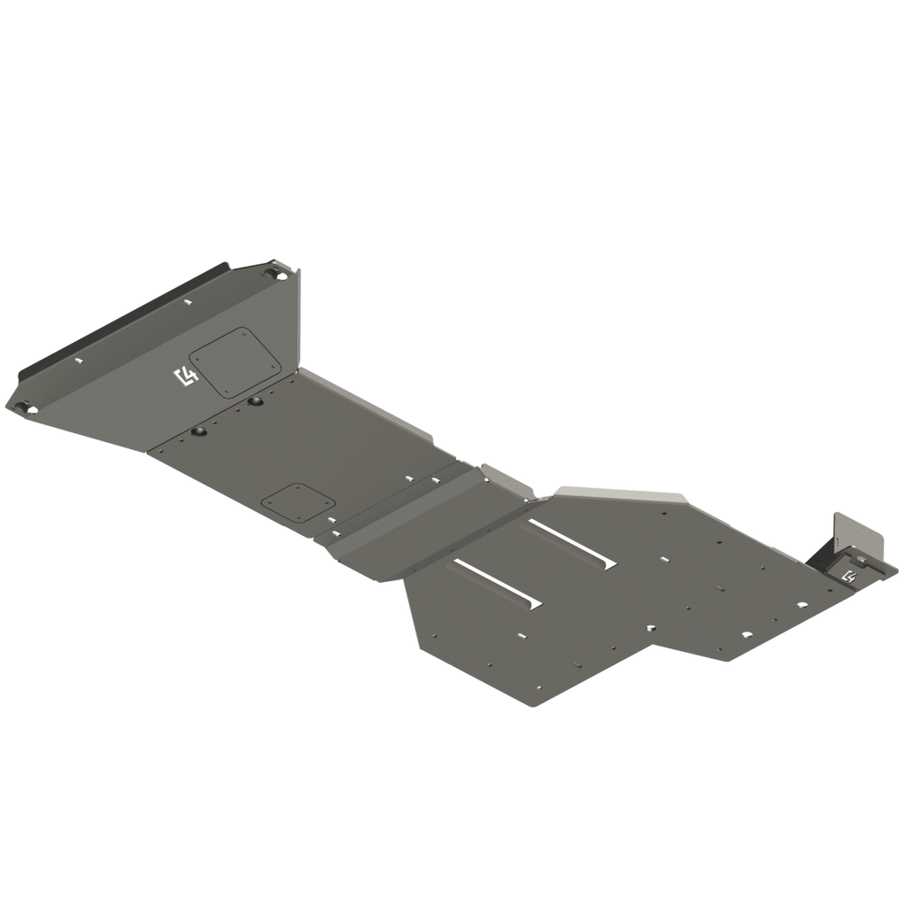 Digital rendering of the full skid plate setup for the 2024 Land Cruiser LC250 from C4 Fabrication, shown from below. 