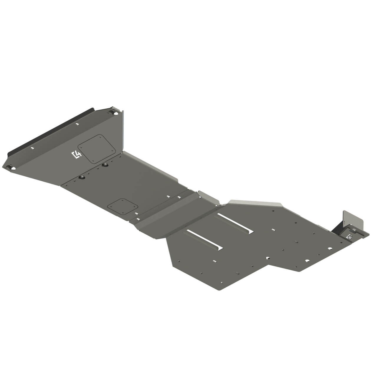 Digital rendering of the full skid plate setup for the 2024 Land Cruiser LC250 from C4 Fabrication, shown from below. 