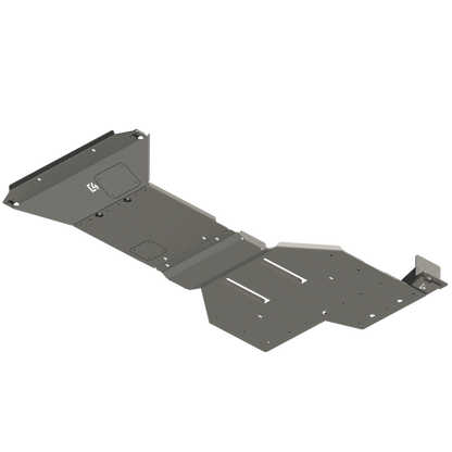 Digital rendering of the full skid plate setup for the 2024 Land Cruiser LC250 from C4 Fabrication, shown from below. 