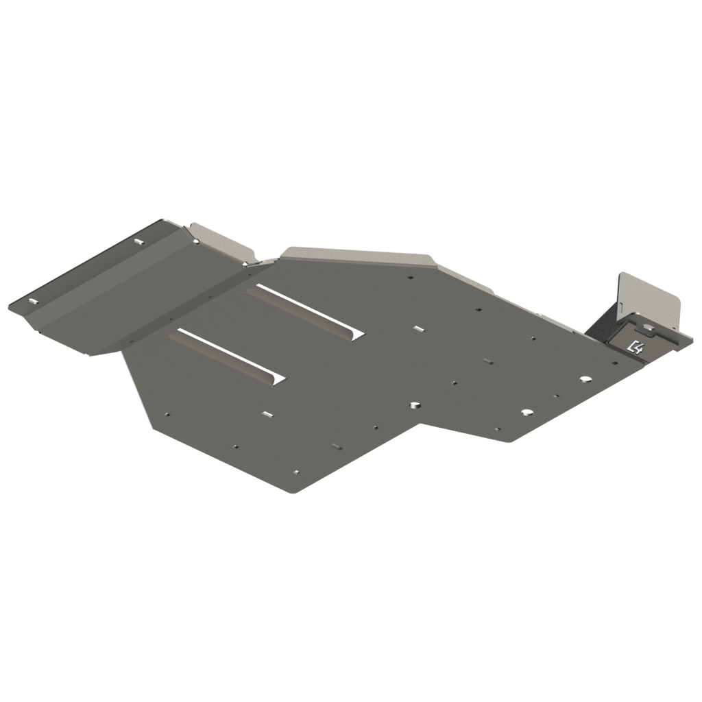 Digital rendering showing the C4 rear skid plate for the Land Cruiser LC250 from the bottom.