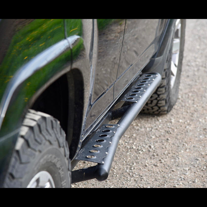 Rear quartering view showing the dual optional side steps that can be equipped on the C4 rock sliders for the 4Runner.