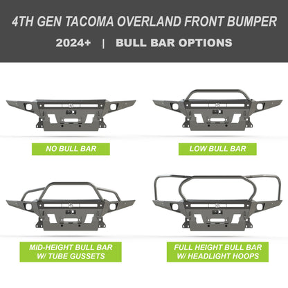 Compilation of digital renderings of the C4 Overland bumper for the 2024+ Toyota Tacoma, to include no bull bar, low bull bar, mid-height bull bar with tube gussets and a full-height bull bar with headlight hoops.