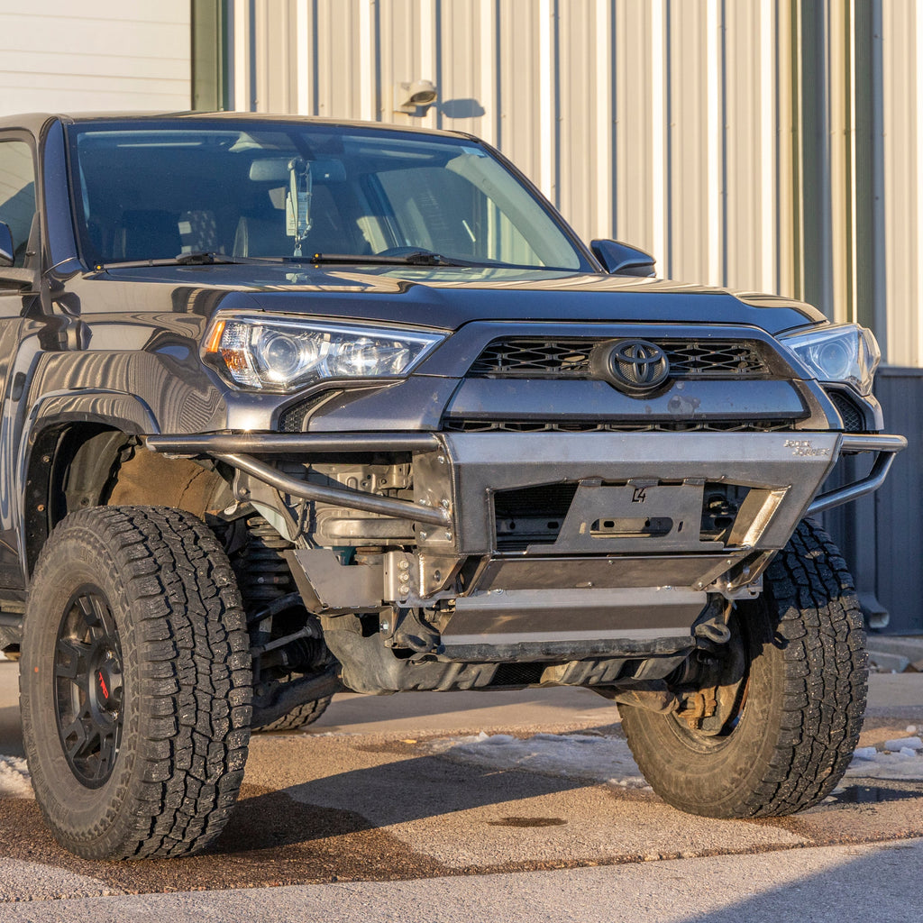 Angle view from passenger side of the Rock Runner bumper for 2010+ Toyota 4Runners by C4 Fabrication. 