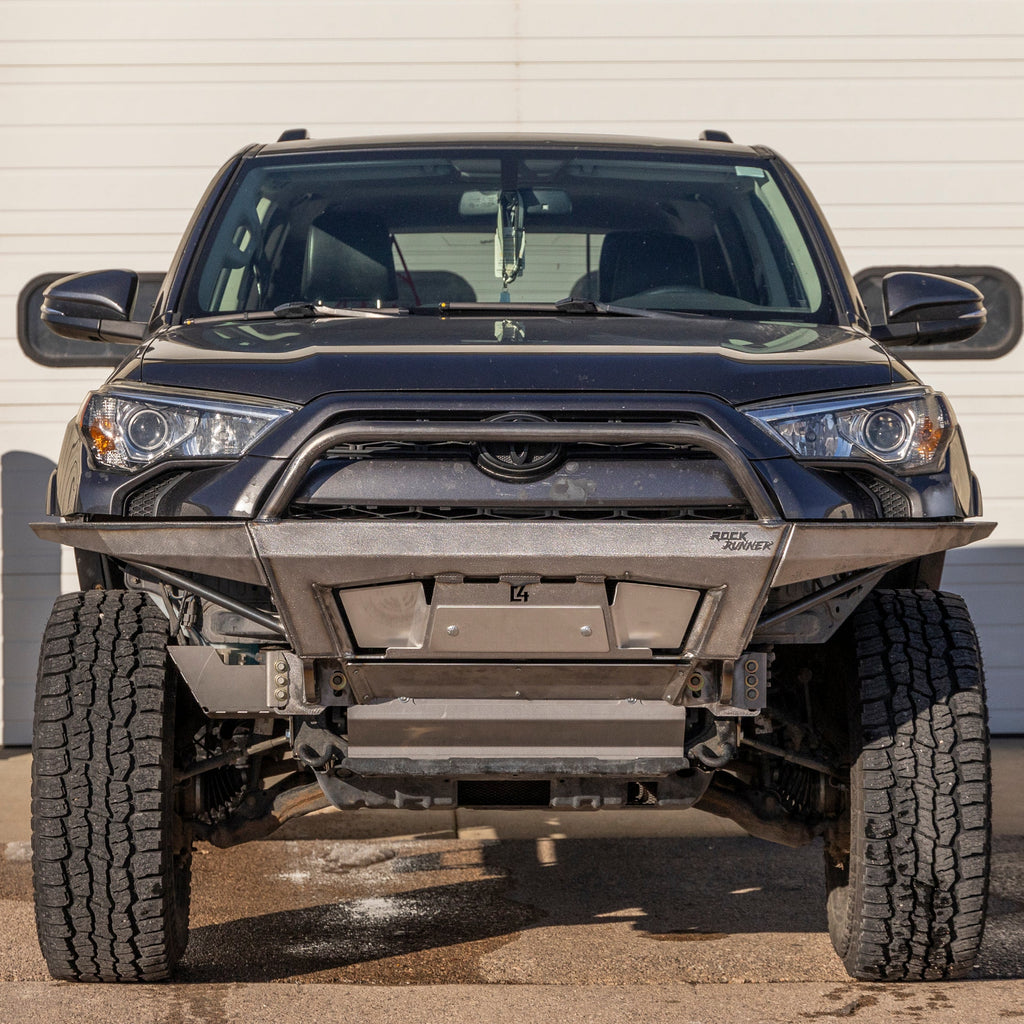 Front view of the Rock Runner winch bumper for the 5th Gen T4R in plate sides with mid-height bull bar configuration. 