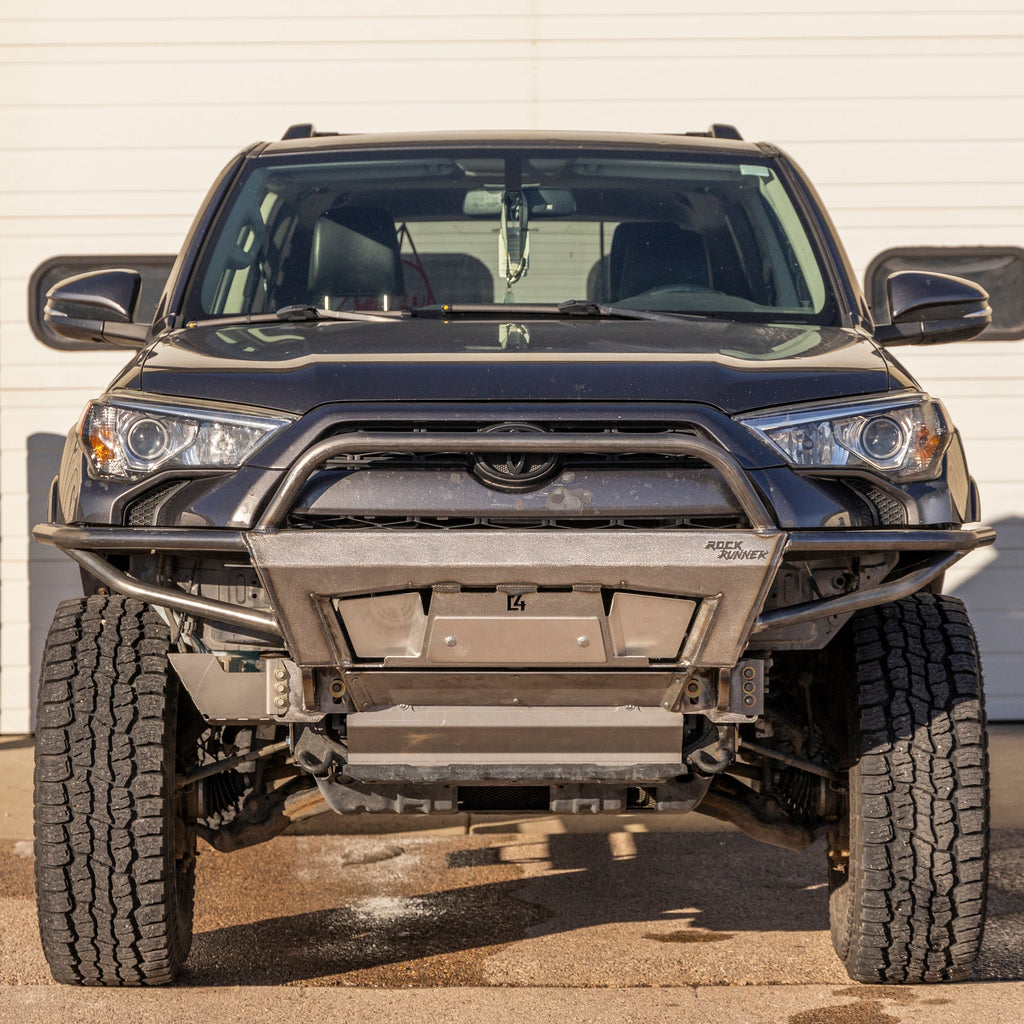 Front view of the Rock Runner winch bumper for the 5th Gen T4R in tube sides with mid-height bull bar configuration. 