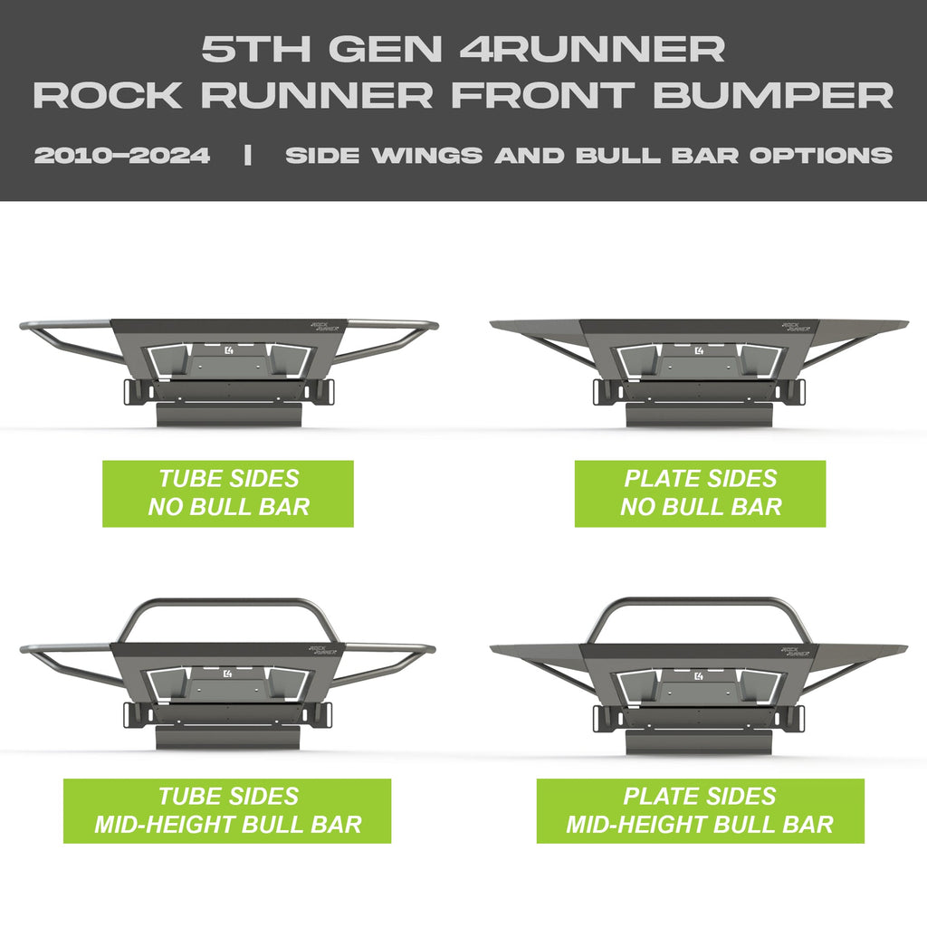 Collection of digital renderings showing the four options available on the C4 Rock Runner bumper for the 5th Gen 4Runner – tube sides with no bull bar, plate sides with no bull bar, tube sides with mid-height bull bar and plate sides with mid-height bull bar. 