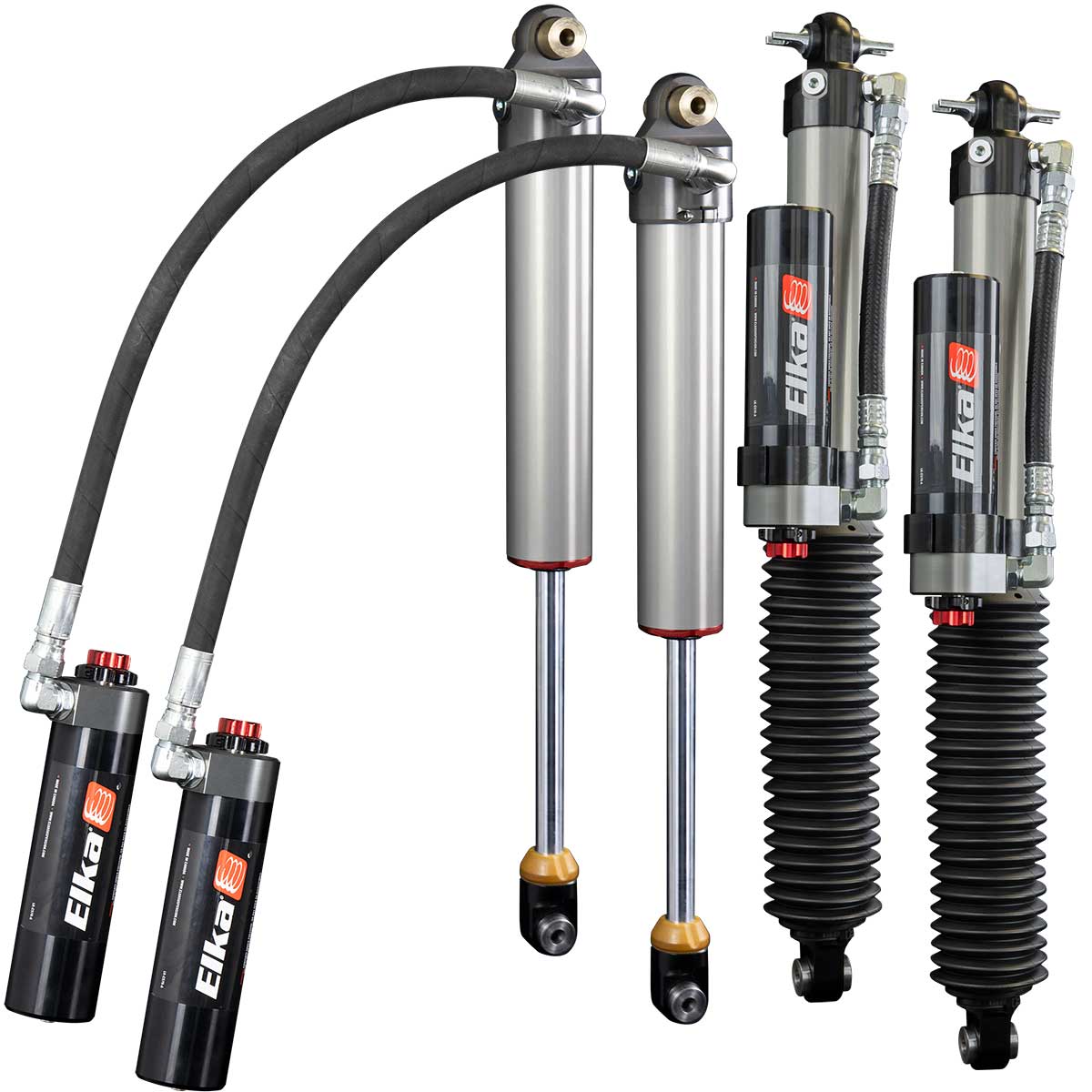Elka Suspension 2.5 Dc Reservoir Front & Rear Kit Shocks For Jeep Wrangler (Jl), 2018 To 2024 (Except Hydrid Models) (Jl, 3.5 In. To 4 In. Lift) - Sniper Custom Trucks