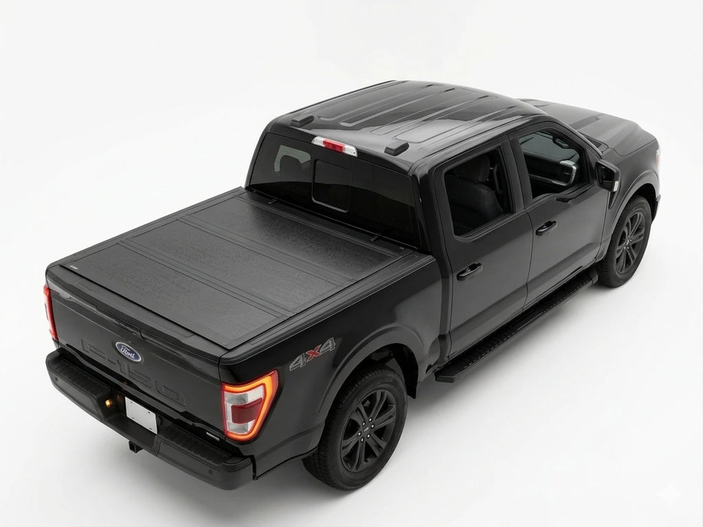 Black pickup truck with a tonneau cover on a white background