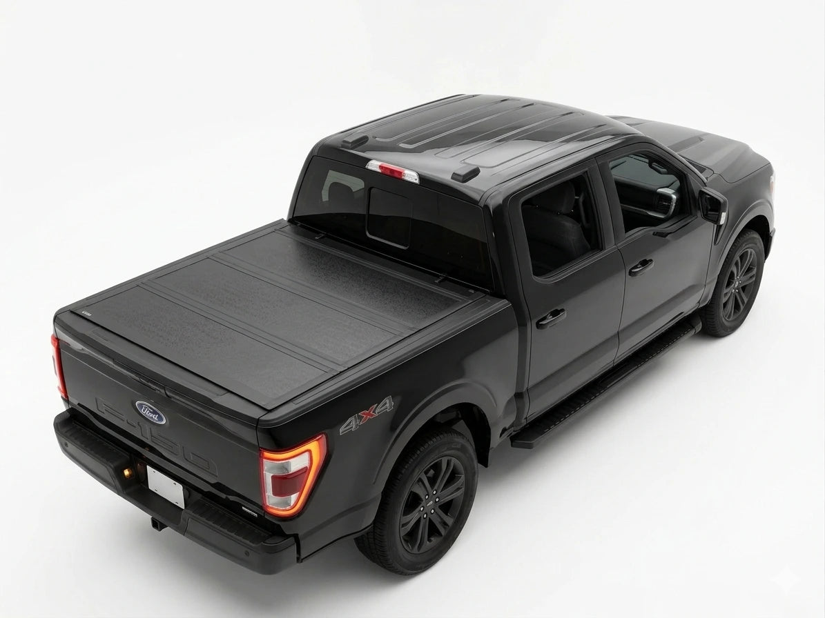 Black pickup truck with a tonneau cover on a white background