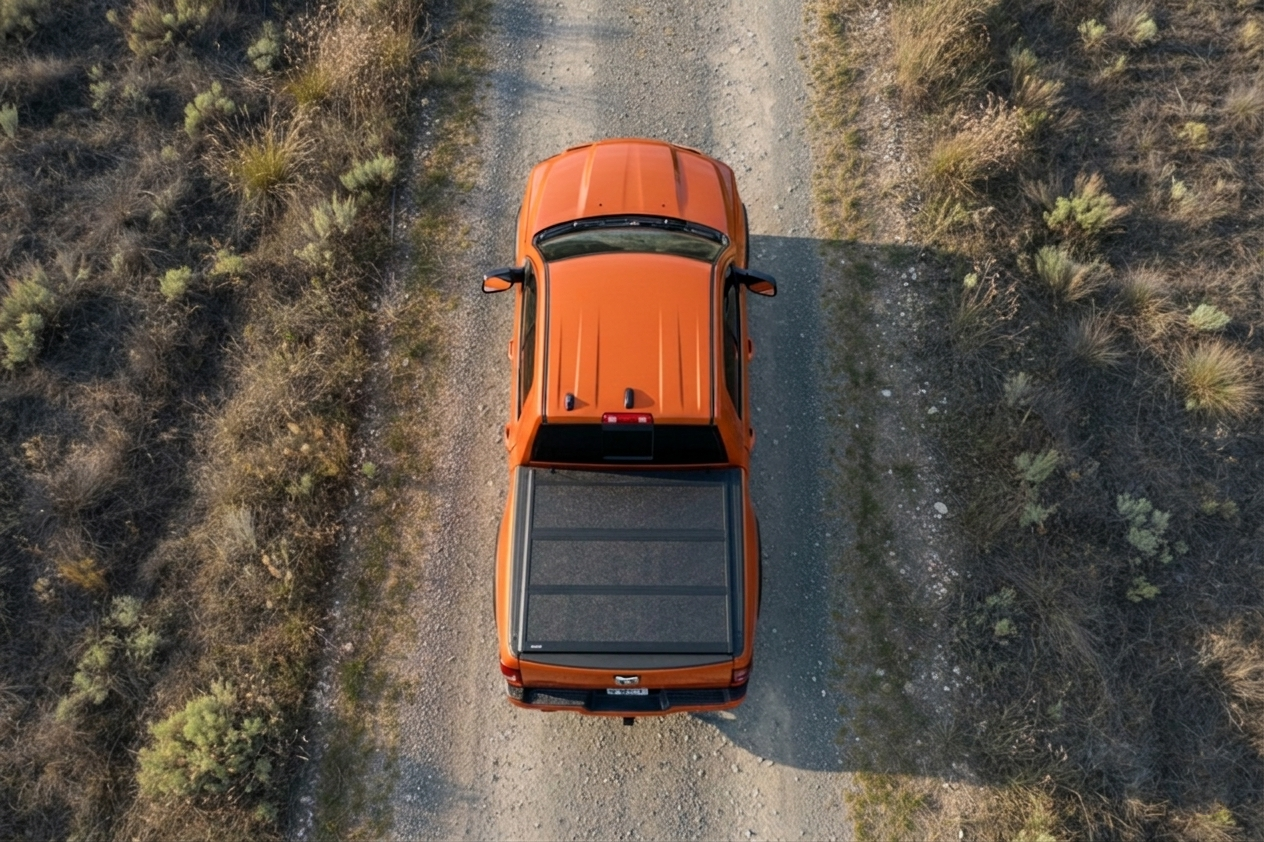 Orange pickup truck on a dirt road surrounded by dry grass and shrubs