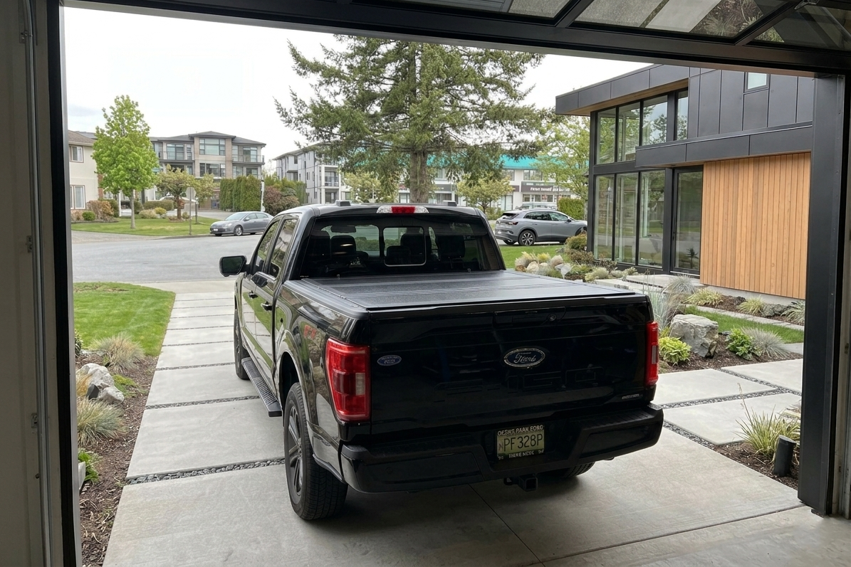 Black Ford truck parked in a driveway with a modern house and neighborhood in the background.